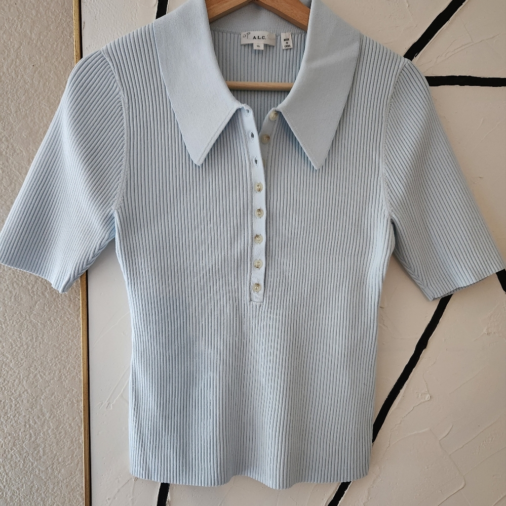 A.L.C. Pale Blue Ribbed Short Sleeve Polo Bodysuit - Picture 4 of 10